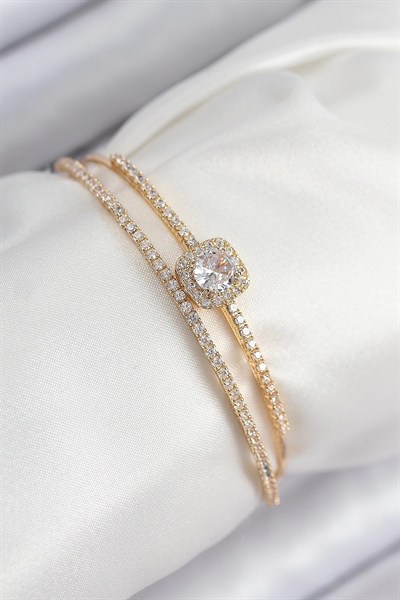 Mey İthalat® Pirinç Zirkon Taşlı Baget Model Gold Renk Kadın Bileklik