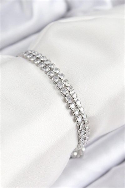 Mey İthalat® Pirinç Zirkon Taşlı Çift Sıra Model Gümüş Renk Asansörlü Kadın Bileklik