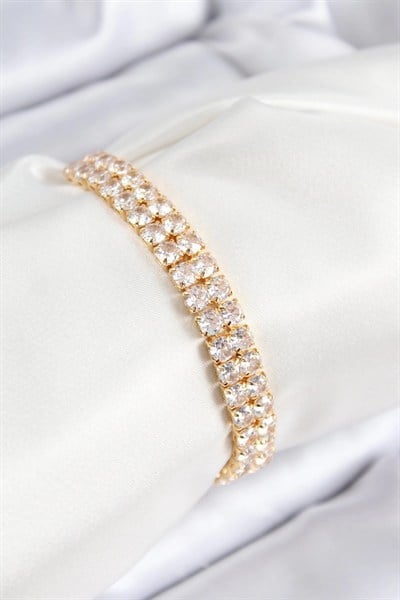 Mey İthalat® Pirinç Zirkon Taşlı Çift Sıra Kare Model Gold Renk Asansörlü Kadın Bileklik