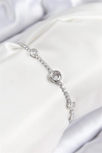 Mey İthalat® Pirinç Zirkon Taşlı Daire Model Gümüş Renk Asansörlü Kadın Bileklik