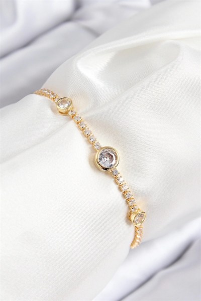 Mey İthalat® Pirinç Zirkon Taşlı Daire Model Gold Renk Asansörlü Kadın Bileklik
