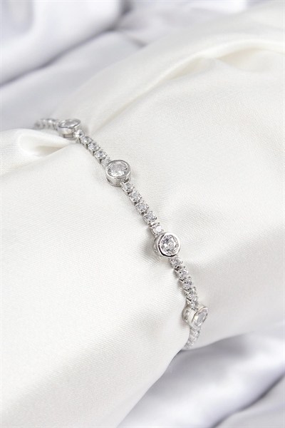 Mey İthalat® Pirinç Zirkon Taşlı Daire Model Gümüş Renk Asansörlü Kadın Bileklik