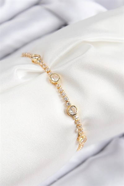 Mey İthalat® Pirinç Zirkon Taşlı Daire Model Gold Renk Asansörlü Kadın Bileklik
