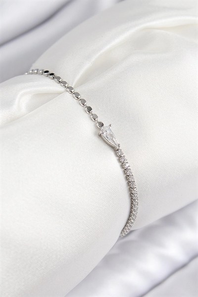 Mey İthalat® Pirinç Zirkon Taşlı Damla Model Ezme Zincir Gümüş Renk Kadın Bileklik