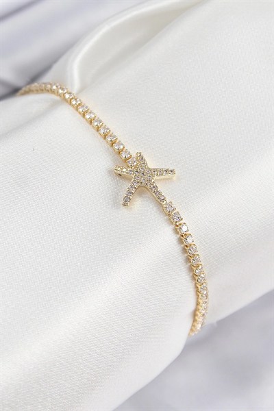 Mey İthalat® Pirinç Zirkon Taşlı Deniz Yıldızı Model Gold Renk Kadın Bileklik