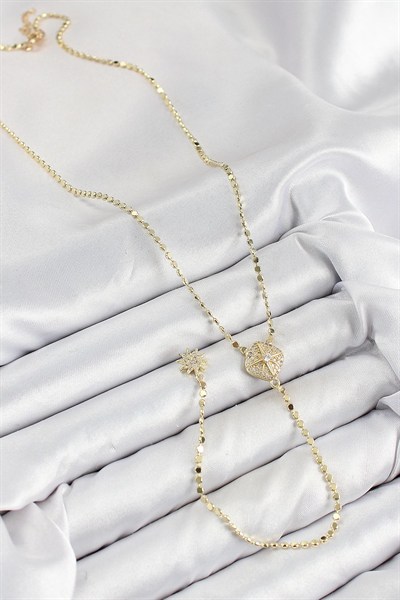 Mey İthalat® Pirinç Zirkon Taşlı Ezme Zincirli Madalyon Model Gold Renk Y Kolye