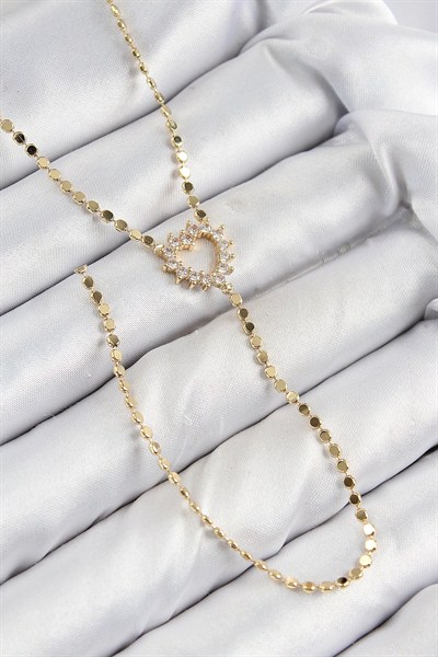 Mey İthalat® Pirinç Zirkon Taşlı Ezme Zincirli Kalp Model Gold Renk Y Kolye