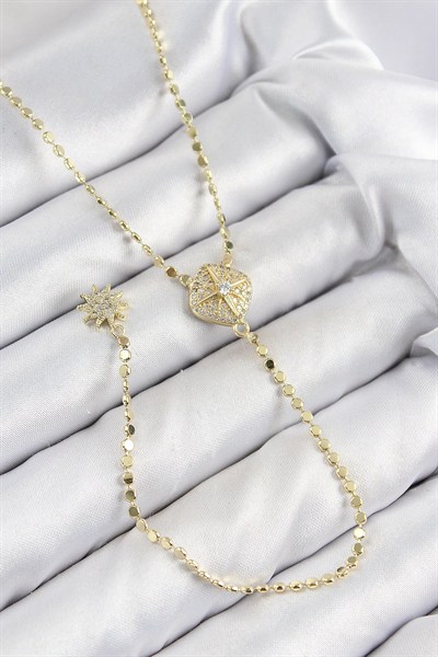 Mey İthalat® Pirinç Zirkon Taşlı Ezme Zincirli Madalyon Model Gold Renk Y Kolye