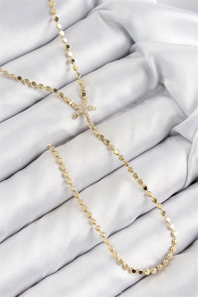Mey İthalat® Pirinç Zirkon Taşlı Ezme Zincirli Deniz Yıldızı Model Gold Renk Y Kolye