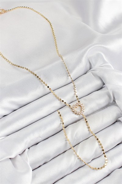 Mey İthalat® Pirinç Zirkon Taşlı Ezme Zincirli Kalp Model Gold Renk Y Kolye