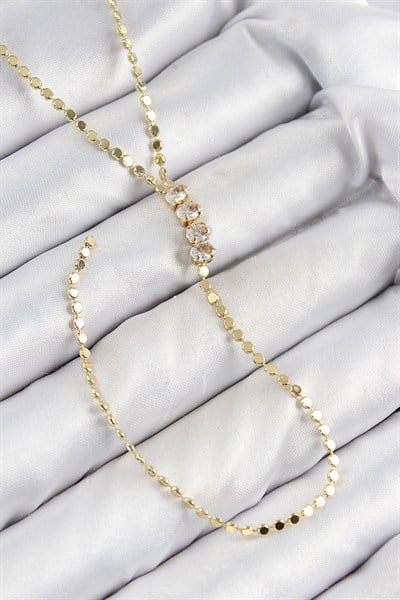 Mey İthalat® Pirinç Zirkon Taşlı Ezme Zincirli Model Gold Renk Y Kolye
