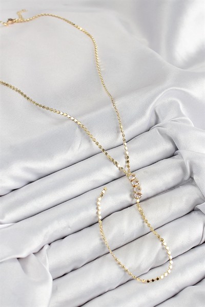 Mey İthalat® Pirinç Zirkon Taşlı Ezme Zincirli Model Gold Renk Y Kolye