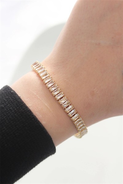 Mey İthalat® Pirinç Zirkon Taşlı Gold Renk Su Yolu Bileklik