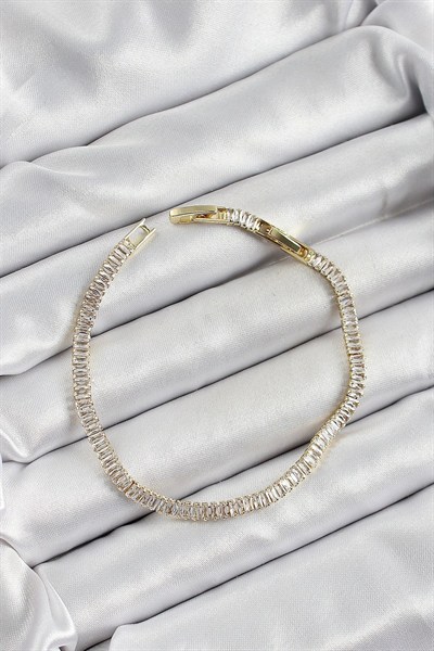 Mey İthalat® Pirinç Zirkon Taşlı İnce Su Yolu Model Gold Renk Kadın Bileklik