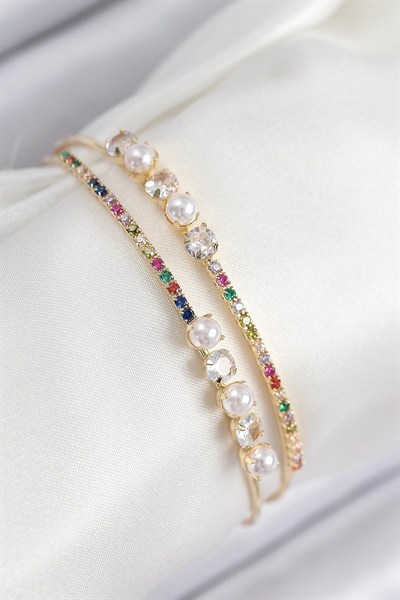 Mey İthalat® Pirinç Zirkon Taşlı İnci Model Gold Renk Kadın Bileklik