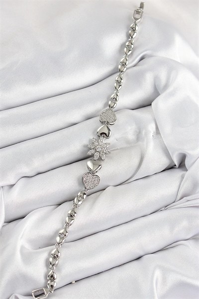 Mey İthalat® Pirinç Zirkon Taşlı Kalp Detaylı Çiçek Model Gümüş Renk Kadın Bileklik