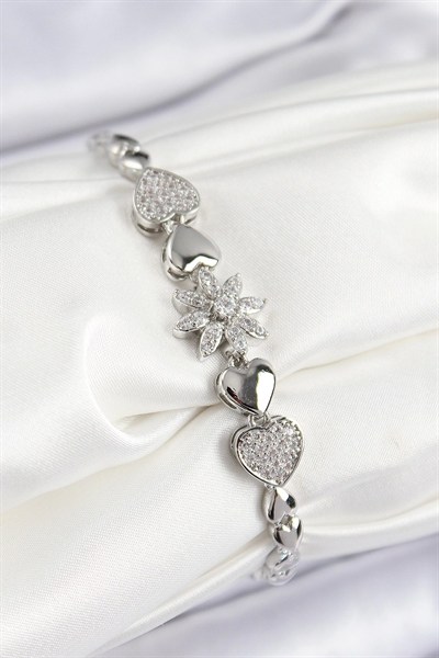 Mey İthalat® Pirinç Zirkon Taşlı Kalp Detaylı Çiçek Model Gümüş Renk Kadın Bileklik