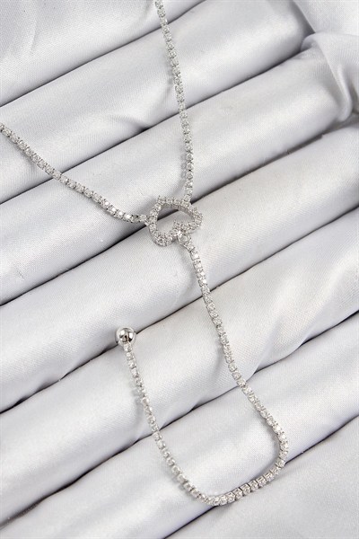 Mey İthalat® Pirinç Zirkon Taşlı Kalp Model Gümüş Renk  Y Kolye