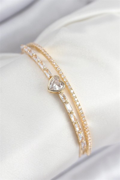 Mey İthalat® Pirinç Zirkon Taşlı Kalp Model Gold Renk Kadın Bileklik