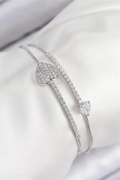 Mey İthalat® Pirinç Zirkon Taşlı Kalp Model Gümüş Renk Kadın Bileklik