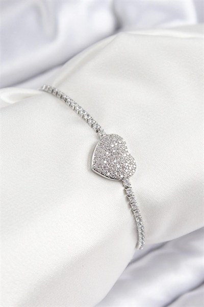 Mey İthalat® Pirinç Zirkon Taşlı Kalp Model Gümüş Renk Asansörlü Kadın Bileklik