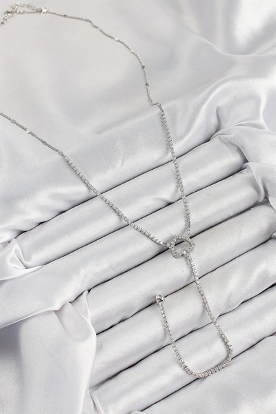 Mey İthalat® Pirinç Zirkon Taşlı Kalp Model Gümüş Renk  Y Kolye