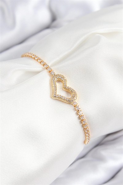 Mey İthalat® Pirinç Zirkon Taşlı Kalp Model Gold Renk Asansörlü Kadın Bileklik