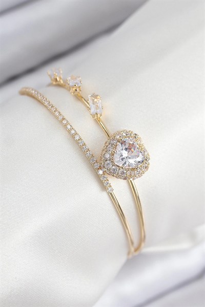 Mey İthalat® Pirinç Zirkon Taşlı Kalp Model Gold Renk Kadın Bileklik