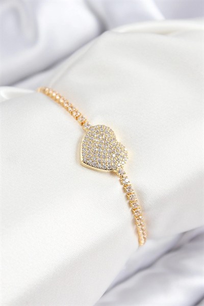 Mey İthalat® Pirinç Zirkon Taşlı Kalp Model Gold Renk Asansörlü Kadın Bileklik