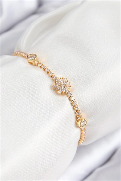 Mey İthalat® Pirinç Zirkon Taşlı Kar Tanesi Model Gold Renk Asansörlü Kadın Bileklik