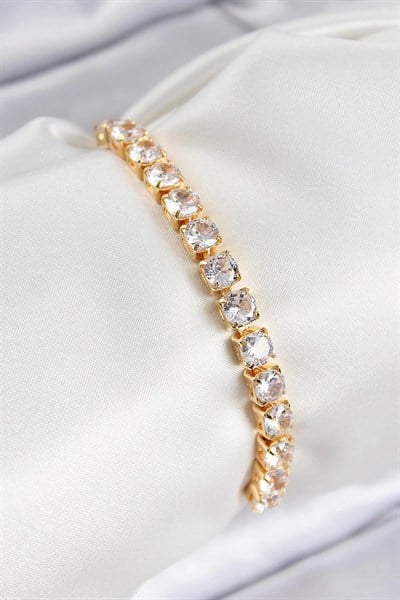 Mey İthalat® Pirinç Zirkon Taşlı Kare Model Gold Renk Asansörlü Kadın Bileklik