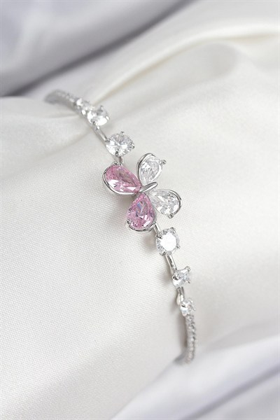 Mey İthalat® Pirinç Zirkon Taşlı Kelebek Model Gümüş Renk Kadın Bileklik