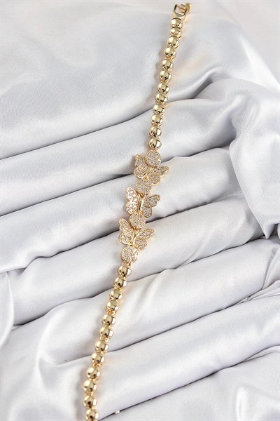 Mey İthalat® Pirinç Zirkon Taşlı Kelebek Model Gold Renk Kadın Bileklik