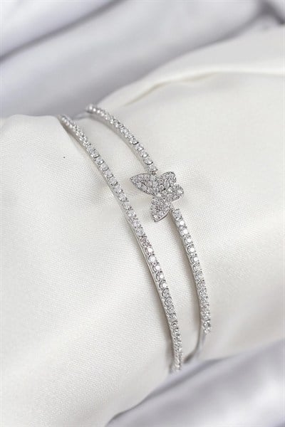 Mey İthalat® Pirinç Zirkon Taşlı Kelebek Model Gümüş Renk Kadın Bileklik