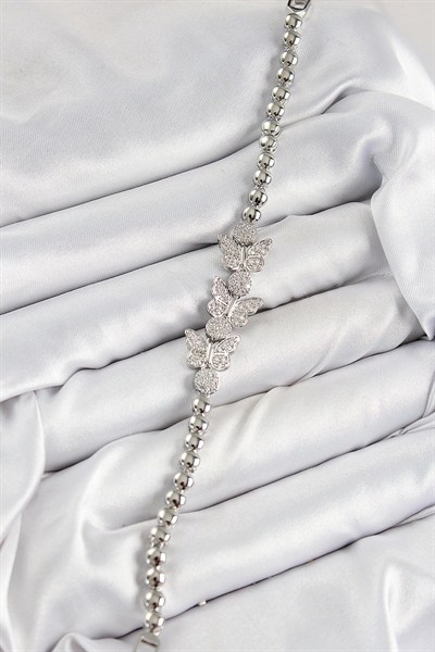 Mey İthalat® Pirinç Zirkon Taşlı Kelebek Model Gümüş Renk Kadın Bileklik