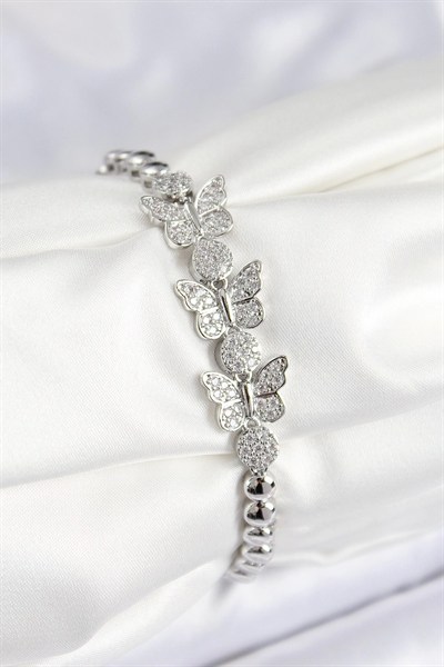 Mey İthalat® Pirinç Zirkon Taşlı Kelebek Model Gümüş Renk Kadın Bileklik