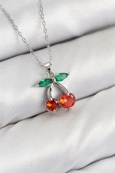 Mey İthalat® Pirinç Zirkon Taşlı Kiraz Model Gümüş Renk Kadın Kolye