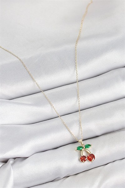 Mey İthalat® Pirinç Zirkon Taşlı Kiraz Model Gold Renk Kadın Kolye