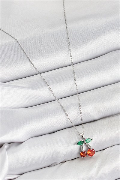 Mey İthalat® Pirinç Zirkon Taşlı Kiraz Model Gümüş Renk Kadın Kolye