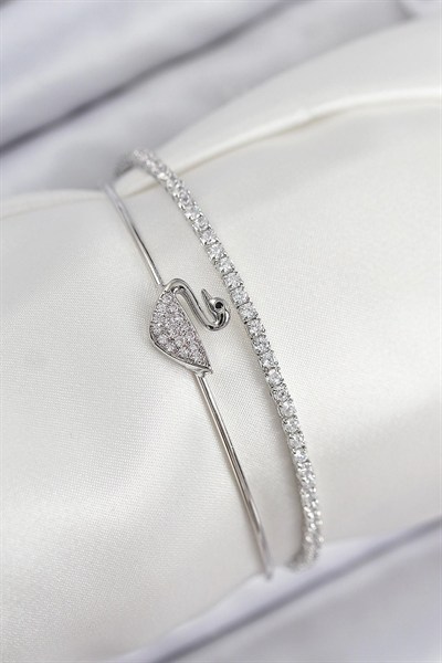 Mey İthalat® Pirinç Zirkon Taşlı Kuğu Model Gümüş Renk Kadın Bileklik