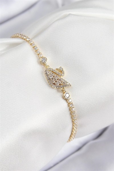 Mey İthalat® Pirinç Zirkon Taşlı Kuğu Model Gold Renk Kadın Bileklik