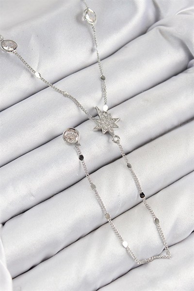 Mey İthalat® Pirinç Zirkon Taşlı Kutup Yıldızı Model Gümüş Renk Y Kolye