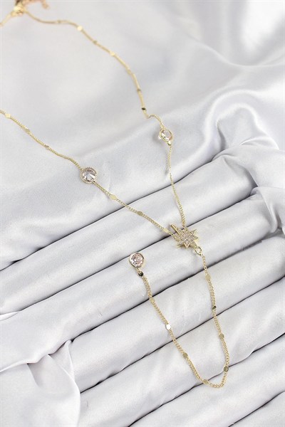 Mey İthalat® Pirinç Zirkon Taşlı Kutup Yıldızı Model Gold Renk Y Kolye
