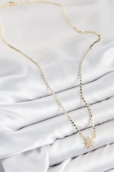 Mey İthalat® Pirinç Zirkon Taşlı Kutup Yıldızı Model Ezme Zincir Gold Renk Kadın Kolye