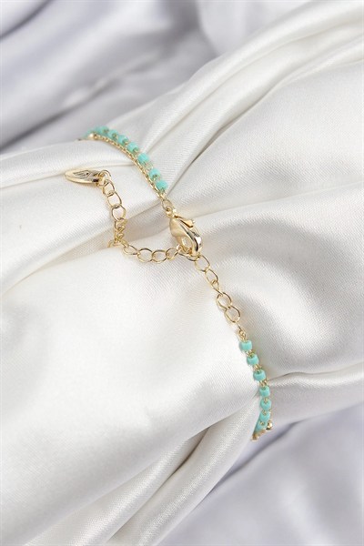 Mey İthalat® Pirinç Zirkon Taşlı Mavi Boncuklu Model Gold Renk Kadın Bileklik