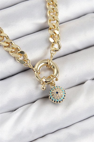 Mey İthalat® Pirinç Zirkon Taşlı Nazar Boncuk Detaylı Klasik Zincir Model Gold Renk Kadın Kolye