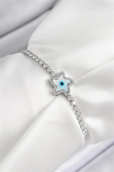 Mey İthalat® Pirinç Zirkon Taşlı Nazar Yıldız Model Gümüş Renk Asansörlü Kadın Bileklik