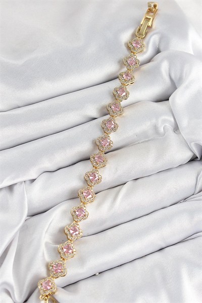 Mey İthalat® Pirinç Zirkon Taşlı Pembe Yonca Baget Model Gold Renk VIP Seri Kadın Bileklik