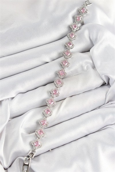 Mey İthalat® Pirinç Zirkon Taşlı Pembe Yonca Baget Model Gümüş Renk VIP Seri Kadın Bileklik