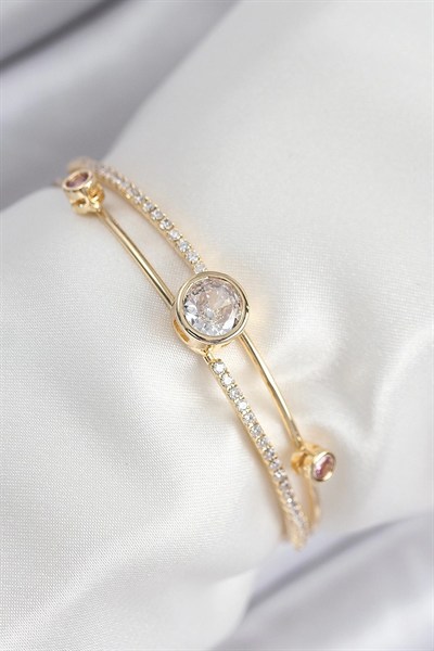 Mey İthalat® Pirinç Zirkon Taşlı Pırlanta Model Gold Renk Kadın Bileklik